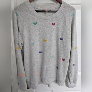 Valentine Lightweight Sweatshirt Tee Multi-Colored Embroidered Hearts Women L
